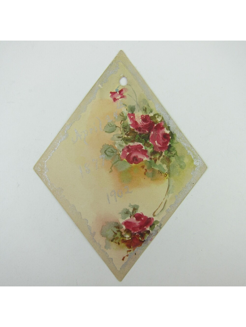 Victorian Card Watercolor Red Roses Flowers Green Leaves Silver Trim Antique